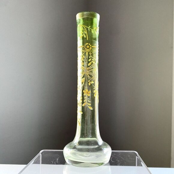 Antique Vase Karlesbad MOSER Bohemian Green Art Glass Hand Painted Enamel Gilt - Picture 8 of 8